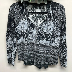Lucky Brand Mixed Print Split Neck Boho Peasant Long Sleeve Blouse S